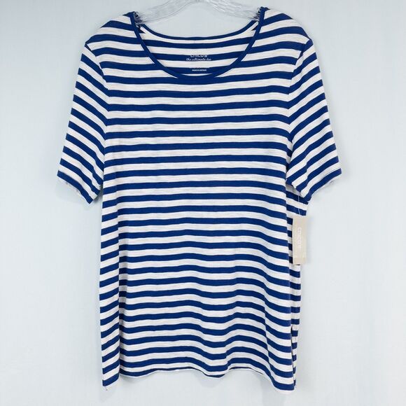 Chicos Cotton Slub Stripe Button Back Tee Womens 2 (L) Seafaring Blue Nautical - Picture 1 of 15